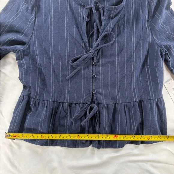 KIRIOUS LA Navy Pinstripe Tie Front Peplum Blouse Boho Cottagecore Top M NWT - Picture 7 of 11